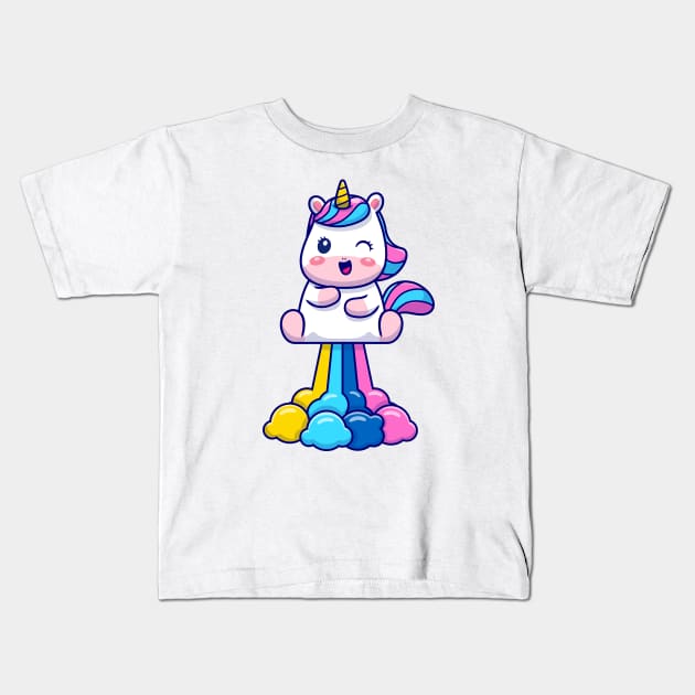 Cute Unicorn Flying With Rainbow Kids T-Shirt by Catalyst Labs